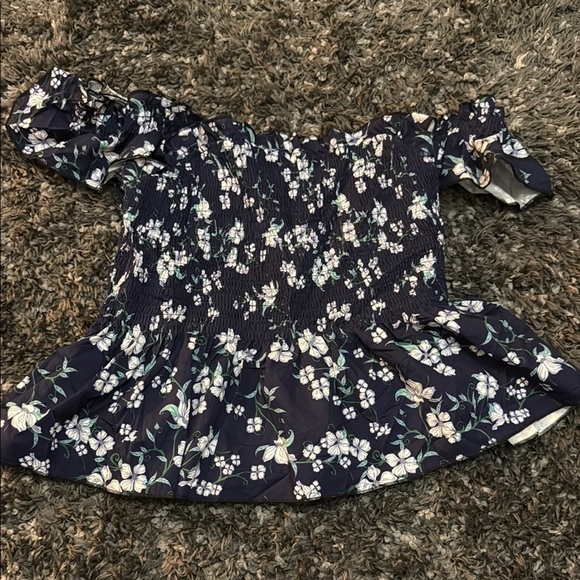 Blue and White Smocked Ruffled Peplum Blouse - Picture 3 of 4